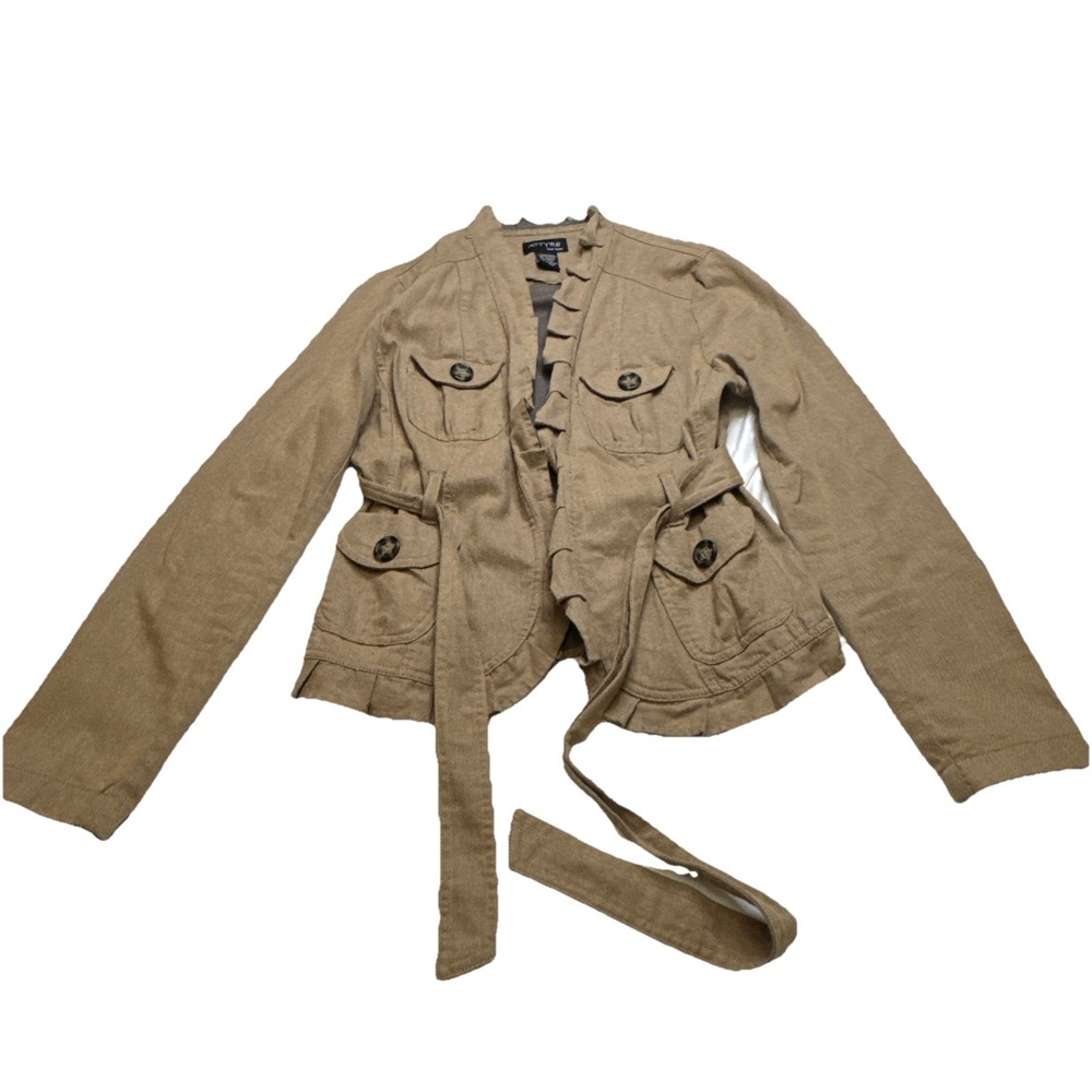 Attyre New York Womens Khaki Tan Ruffle Utility Jacket Belted Size S VT964